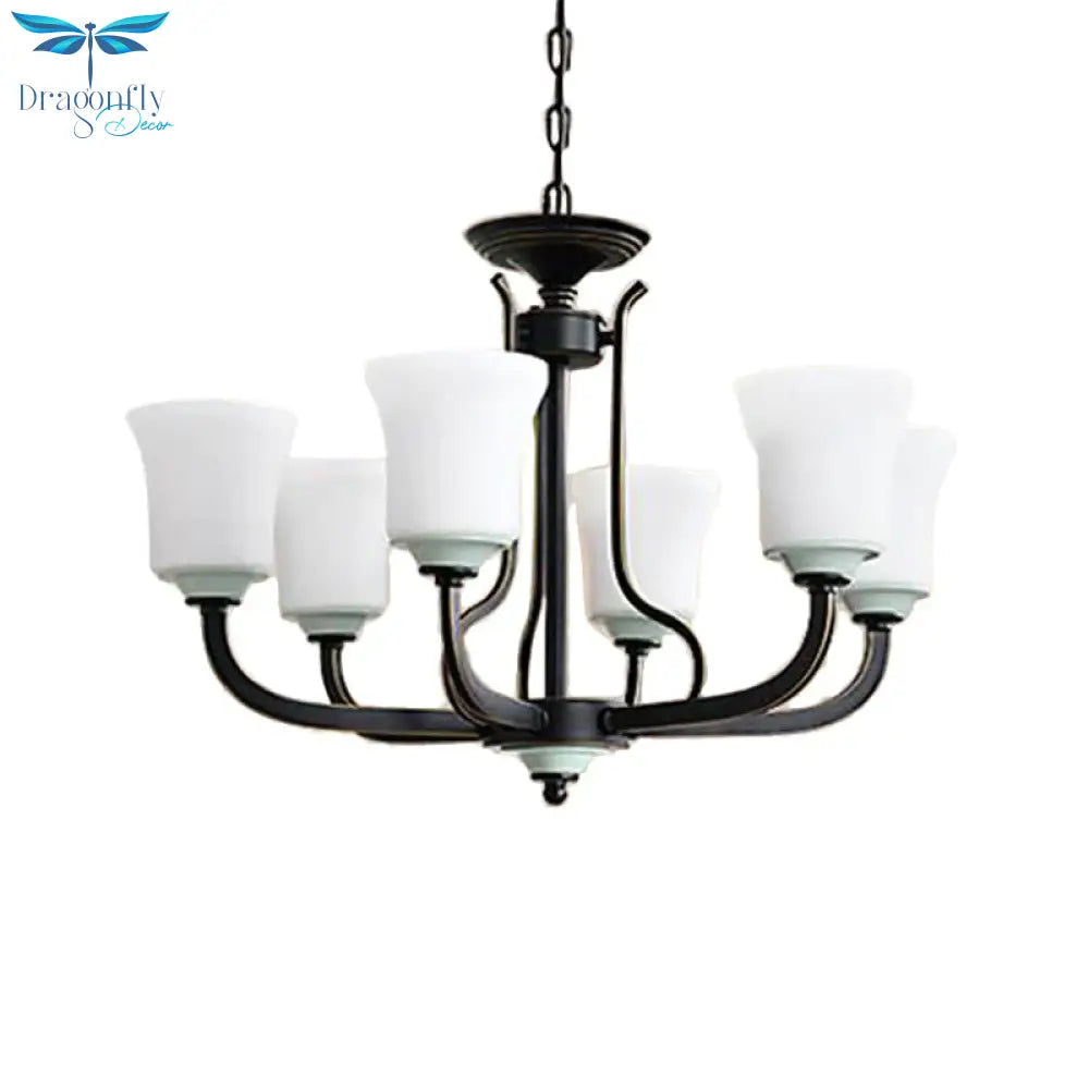 Bell Living Room Pendant Chandelier Traditional Opal Glass 3/6 Lights Black Hanging Fixture