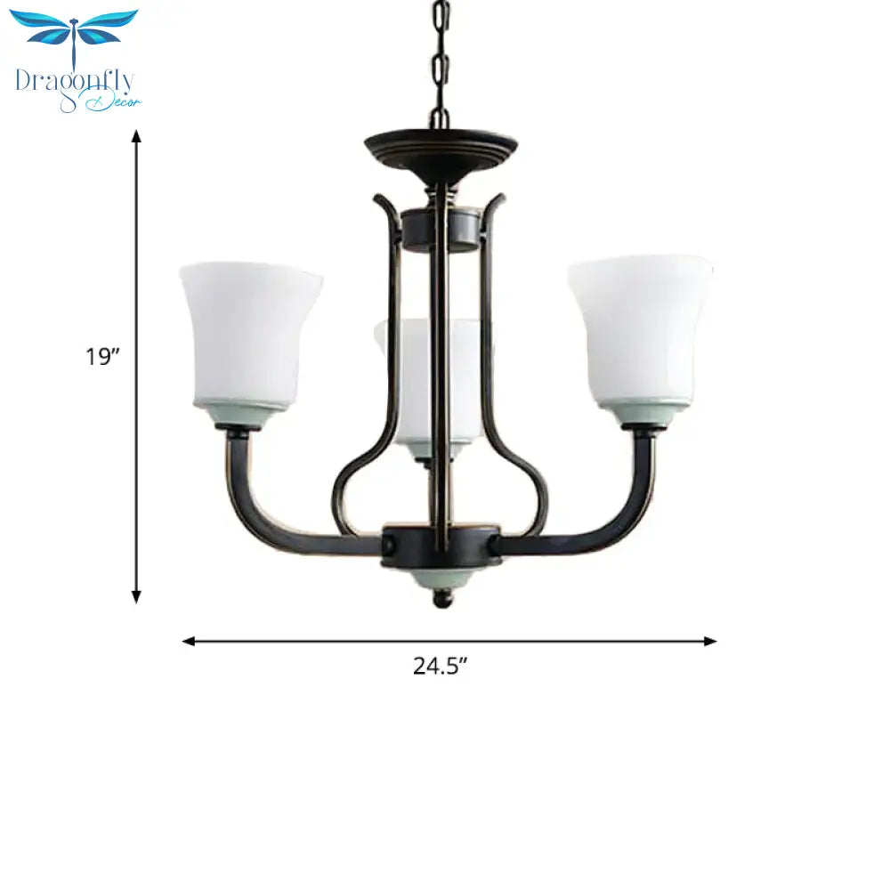 Bell Living Room Pendant Chandelier Traditional Opal Glass 3/6 Lights Black Hanging Fixture