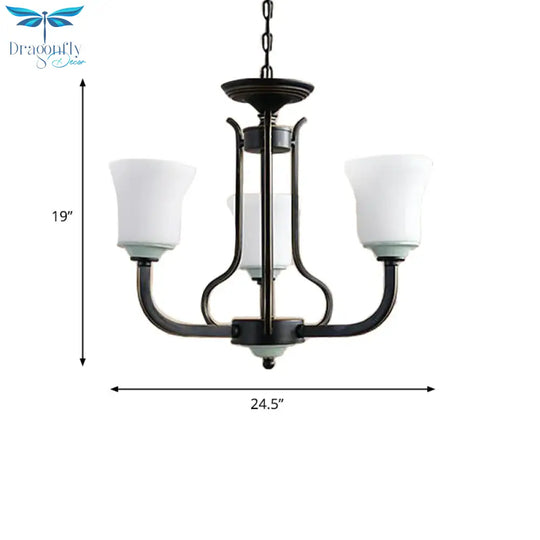 Bell Living Room Pendant Chandelier Traditional Opal Glass 3/6 Lights Black Hanging Fixture