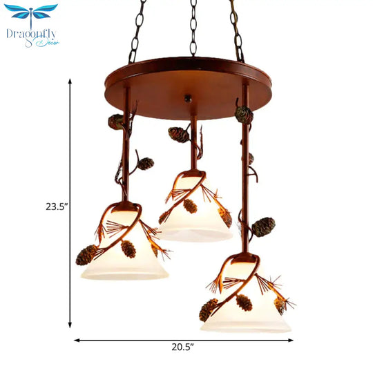 Bell Metal Chandelier Light Country 3 Lights Dining Room Pendant Lighting In Red Brown