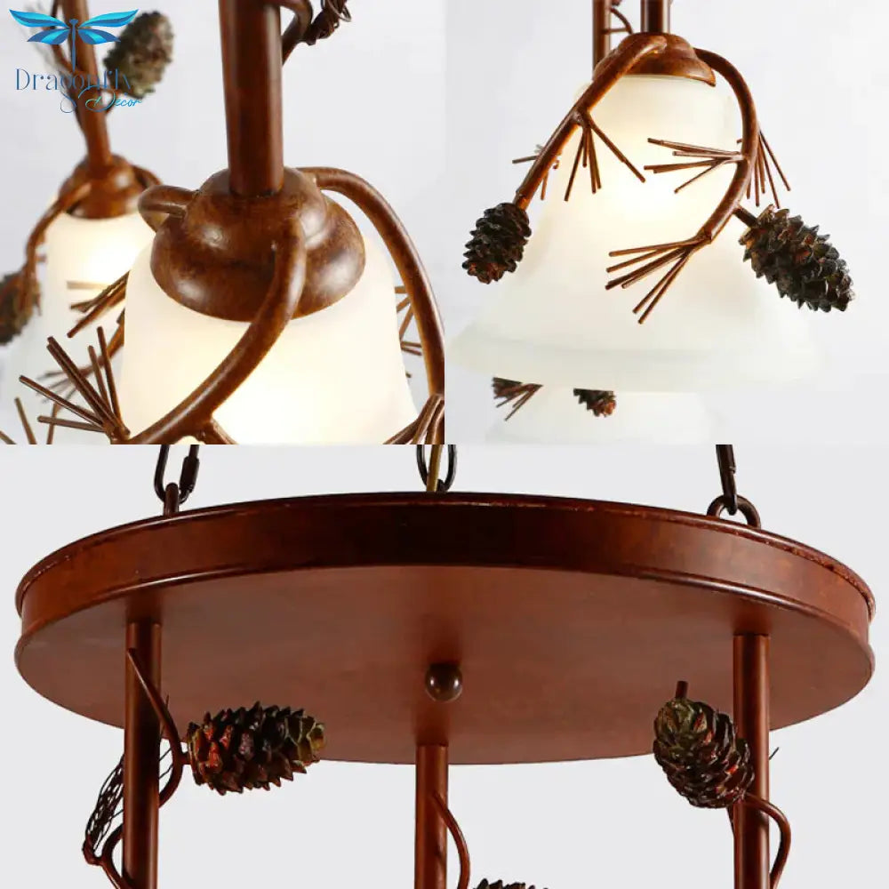 Bell Metal Chandelier Light Country 3 Lights Dining Room Pendant Lighting In Red Brown