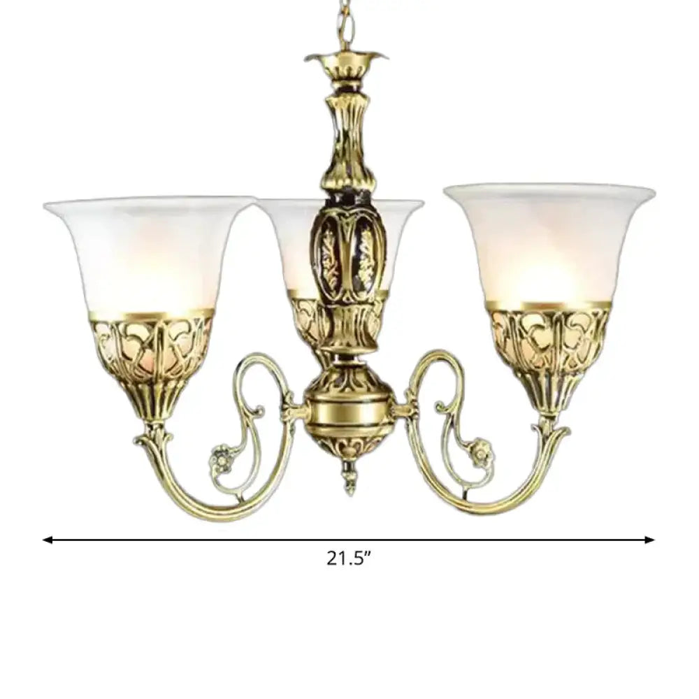 Bell Restaurant Chandelier Lamp Antique Opaline Glass 3 - Head Bronze Finish Pendant Light