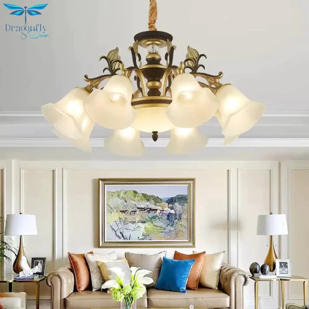 Bellflower Frosted White Glass Chandelier Farmhouse 3/6/12 Heads Living Room Hanging Light Fixture