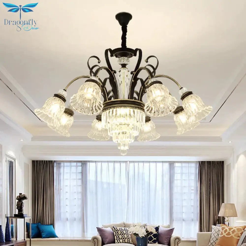 Beveled Glass Crystal Black Ceiling Chandelier Bell 6/8 Heads Traditional Pendant Light Kit