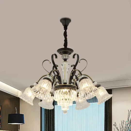 Beveled Glass Crystal Black Ceiling Chandelier Bell 6/8 Heads Traditional Pendant Light Kit 6 /
