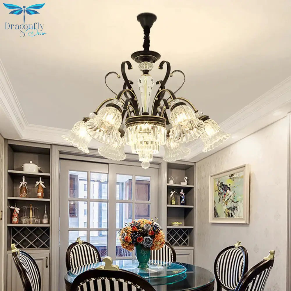 Beveled Glass Crystal Black Ceiling Chandelier Bell 6/8 Heads Traditional Pendant Light Kit