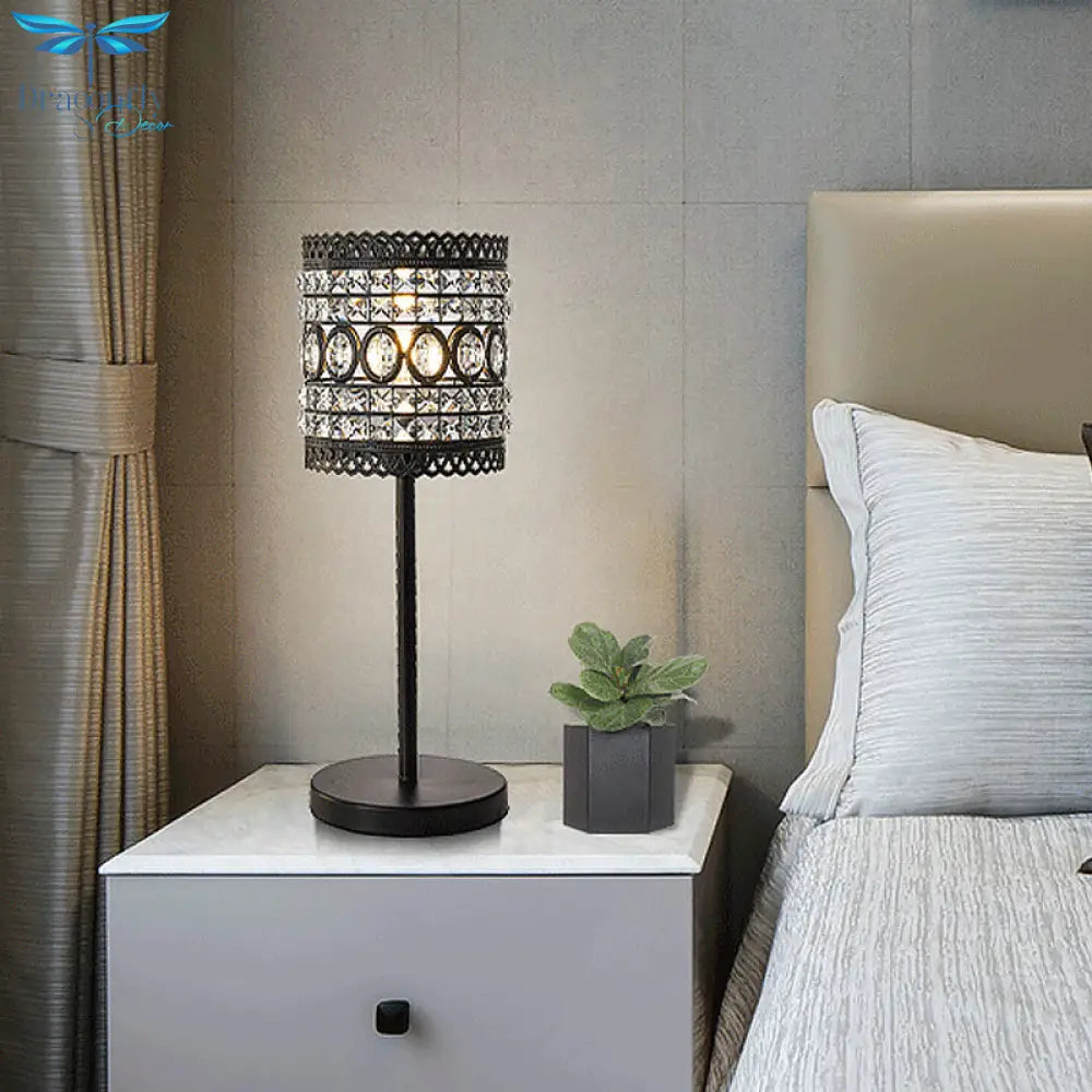 Biham - Modern Cylinder Night Table Light Metallic 1 - Head Bedside Nightstand Lamp With Crystal