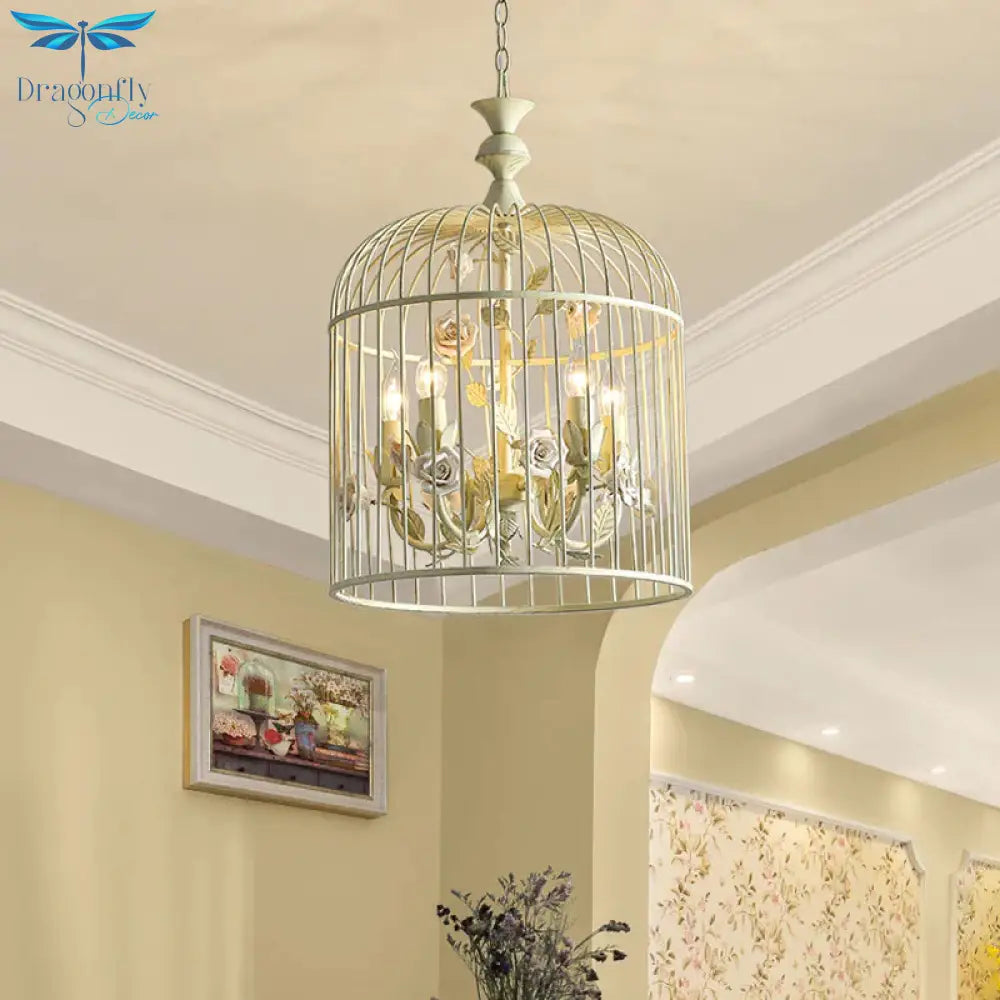 Birdcage Metal Hanging Light Fixture Rustic 3/5 Lights Corridor Chandelier With White Flower