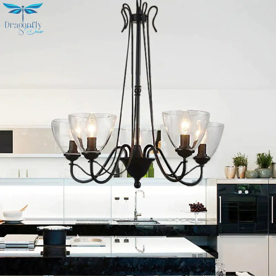 Black 3/5 Lights Pendant Chandelier Traditional Clear Glass Scroll Hanging Light With Cone Shade