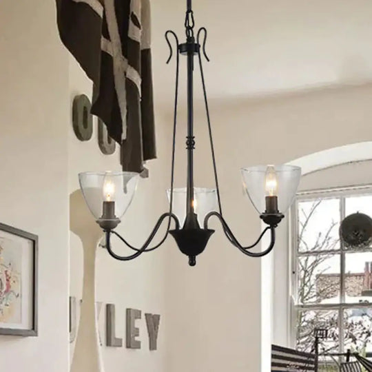 Black 3/5 Lights Pendant Chandelier Traditional Clear Glass Scroll Hanging Light With Cone Shade 3 /