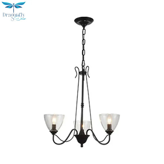 Black 3/5 Lights Pendant Chandelier Traditional Clear Glass Scroll Hanging Light With Cone Shade