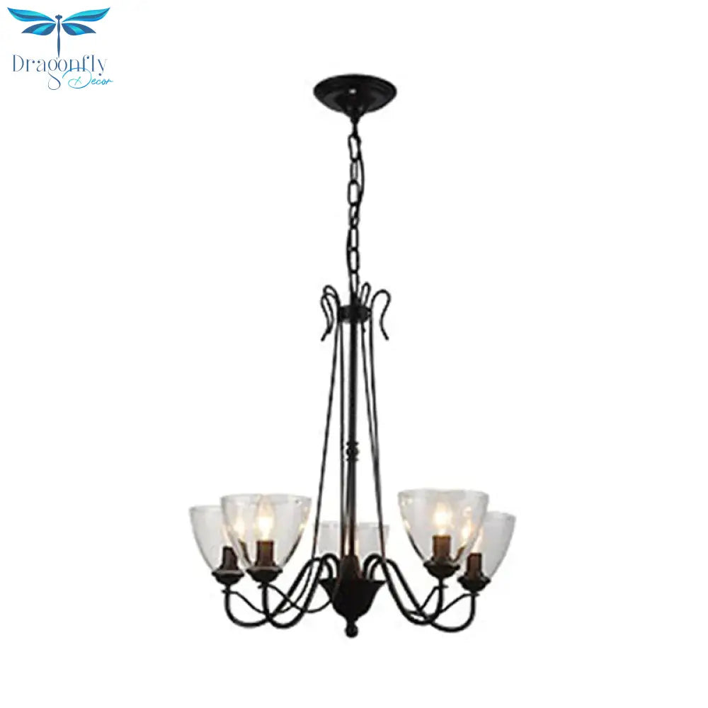 Black 3/5 Lights Pendant Chandelier Traditional Clear Glass Scroll Hanging Light With Cone Shade