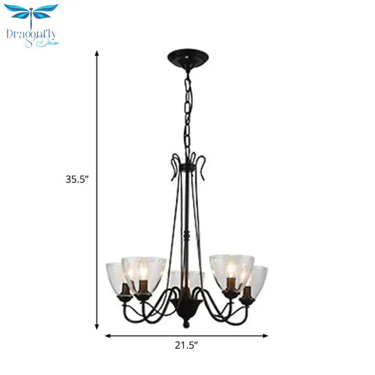 Black 3/5 Lights Pendant Chandelier Traditional Clear Glass Scroll Hanging Light With Cone Shade
