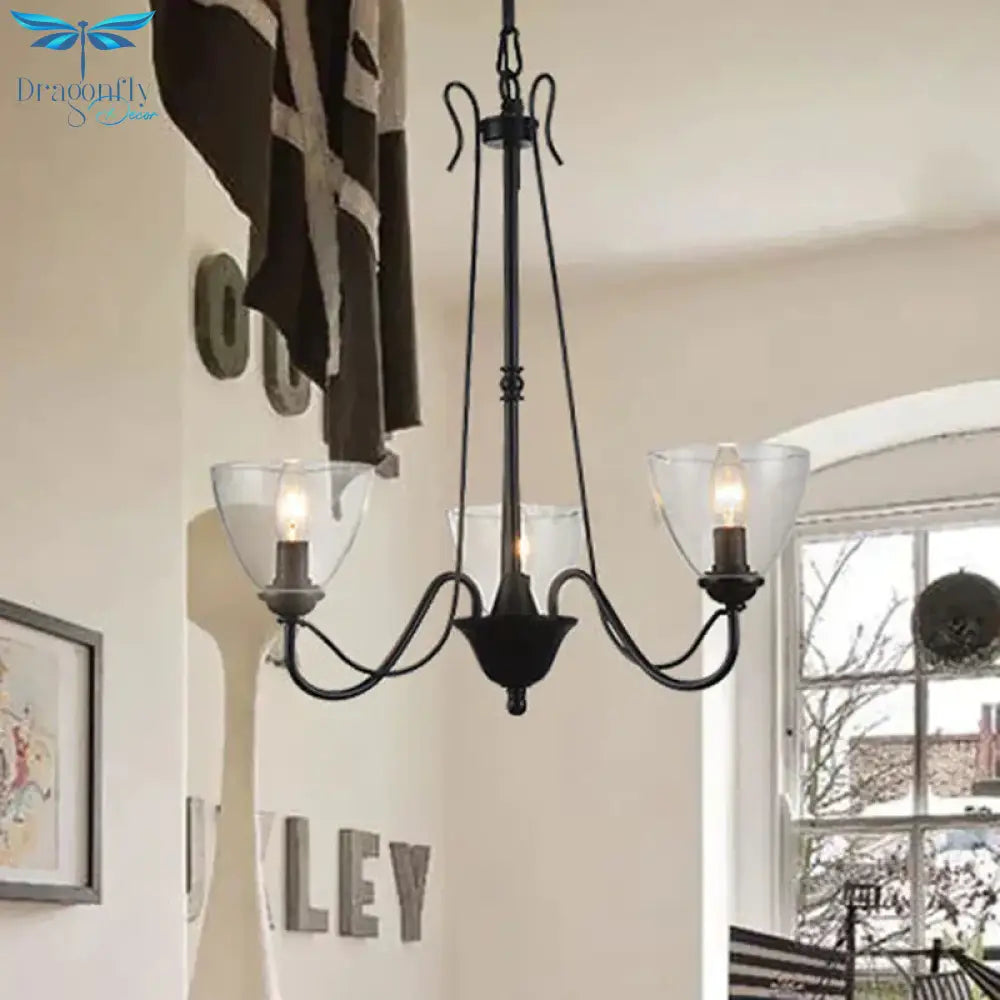 Black 3/5 Lights Pendant Chandelier Traditional Clear Glass Scroll Hanging Light With Cone Shade
