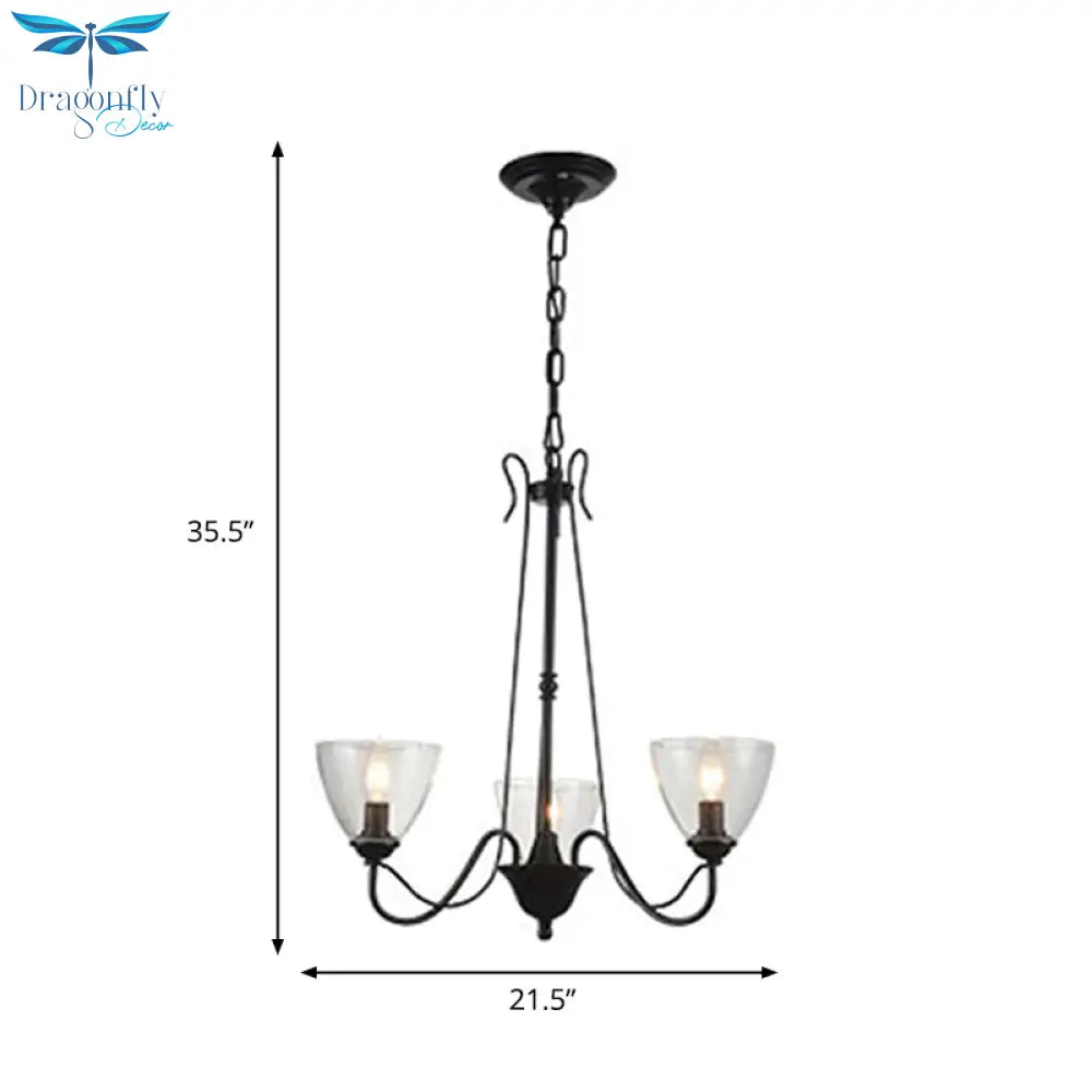 Black 3/5 Lights Pendant Chandelier Traditional Clear Glass Scroll Hanging Light With Cone Shade