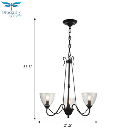 Black 3/5 Lights Pendant Chandelier Traditional Clear Glass Scroll Hanging Light With Cone Shade