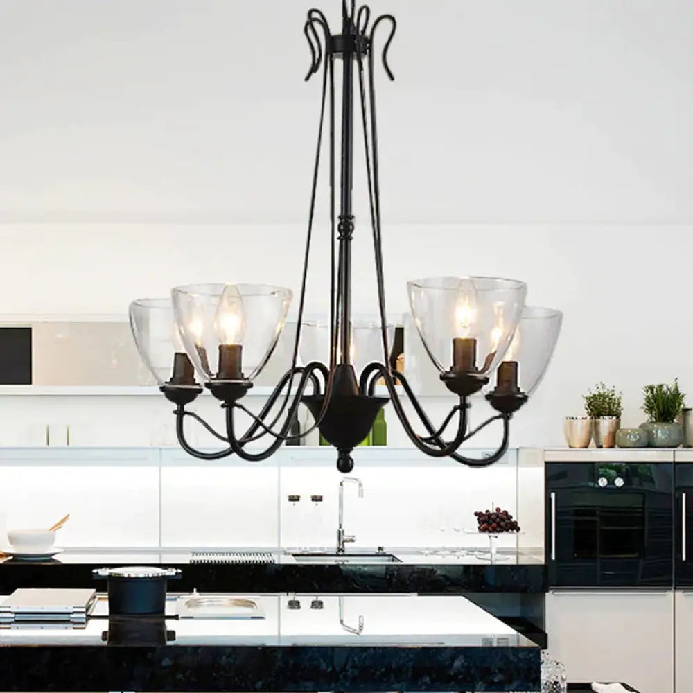 Black 3/5 Lights Pendant Chandelier Traditional Clear Glass Scroll Hanging Light With Cone Shade 5 /