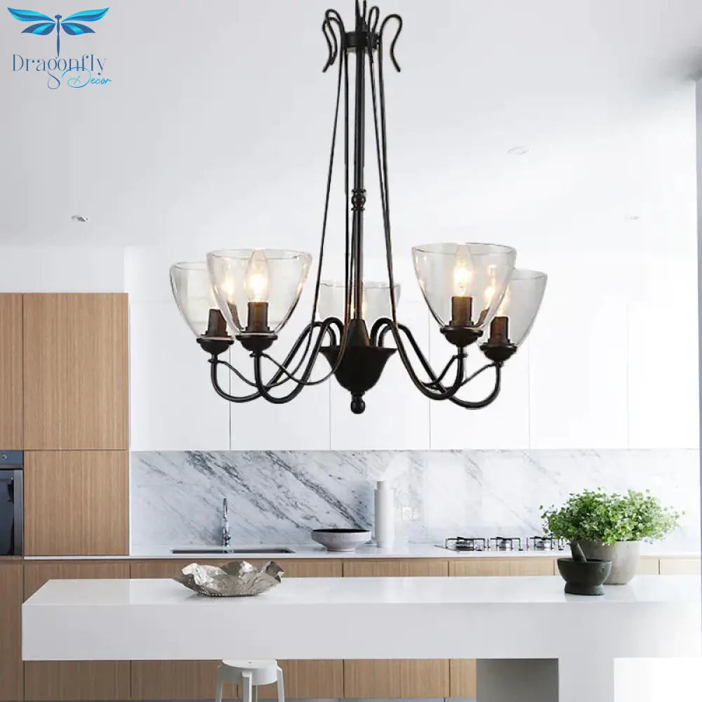 Black 3/5 Lights Pendant Chandelier Traditional Clear Glass Scroll Hanging Light With Cone Shade
