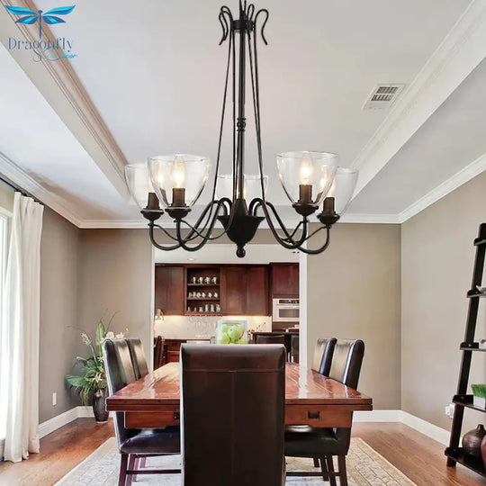 Black 3/5 Lights Pendant Chandelier Traditional Clear Glass Scroll Hanging Light With Cone Shade