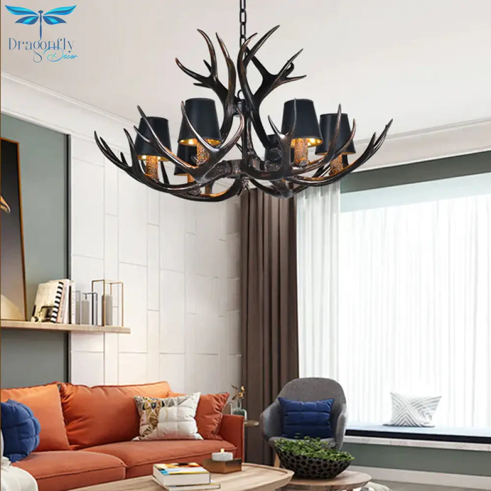 Black 3/6/8 Lights Chandelier Lighting Rustic Resin Conical Pendant Lamp With Faux Antler For