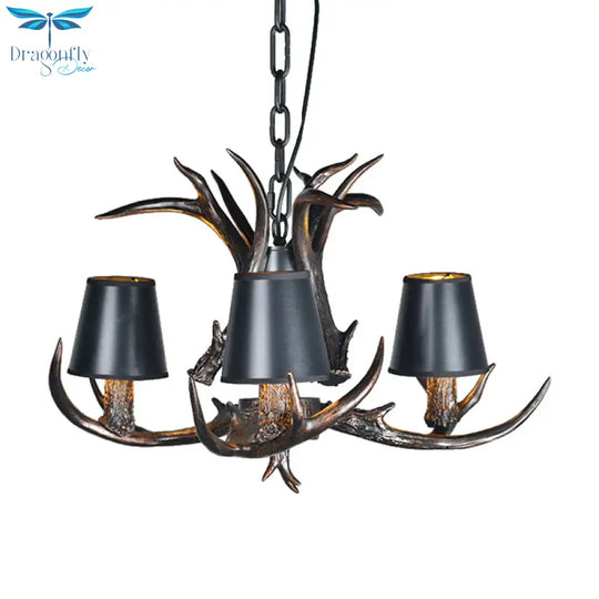 Black 3/6/8 Lights Chandelier Lighting Rustic Resin Conical Pendant Lamp With Faux Antler For