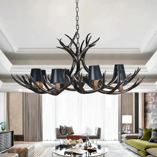 Black 3/6/8 Lights Chandelier Lighting Rustic Resin Conical Pendant Lamp With Faux Antler For