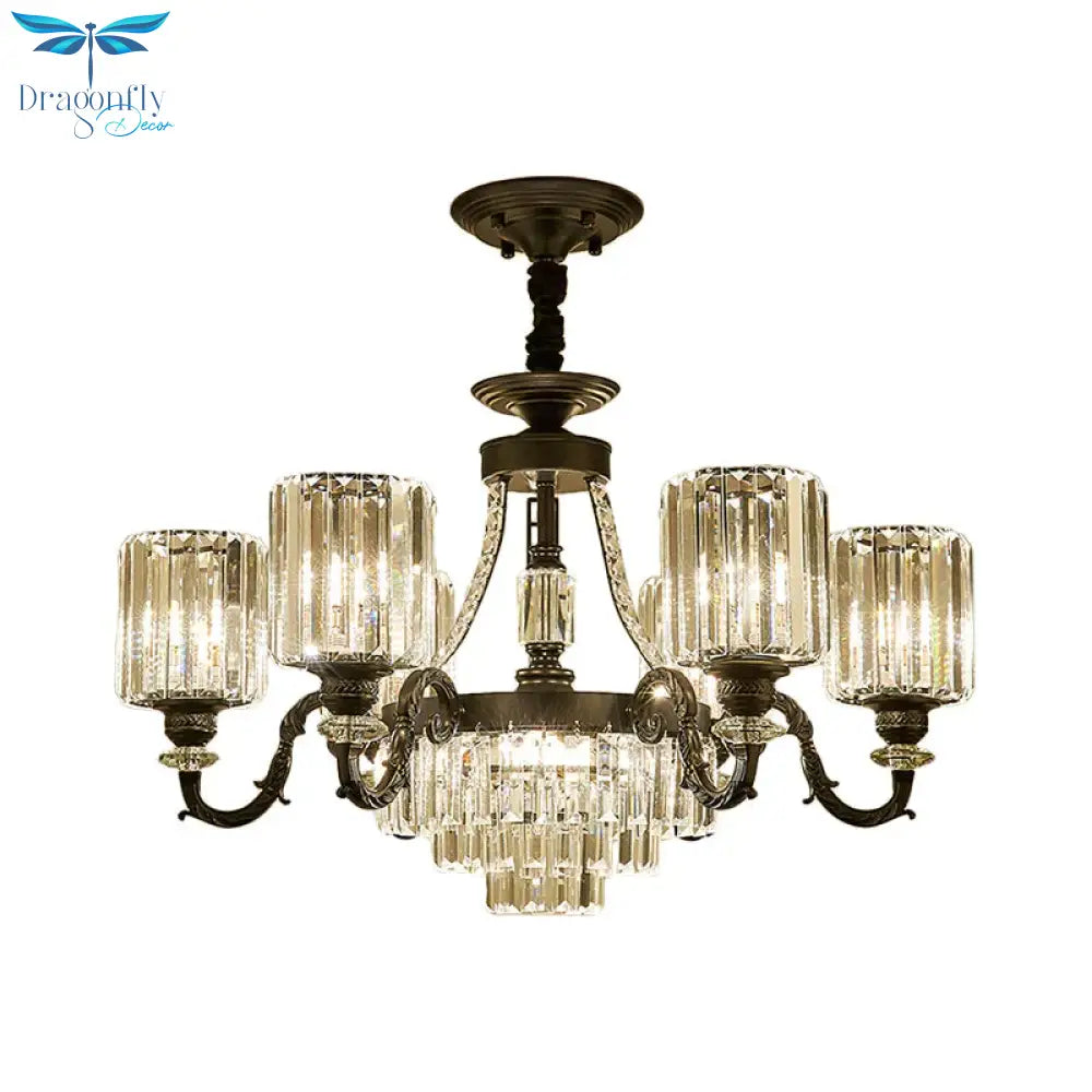 Black 3/6 Bulbs Hanging Chandelier Traditional Crystal Block Drum Ceiling Light Fixture