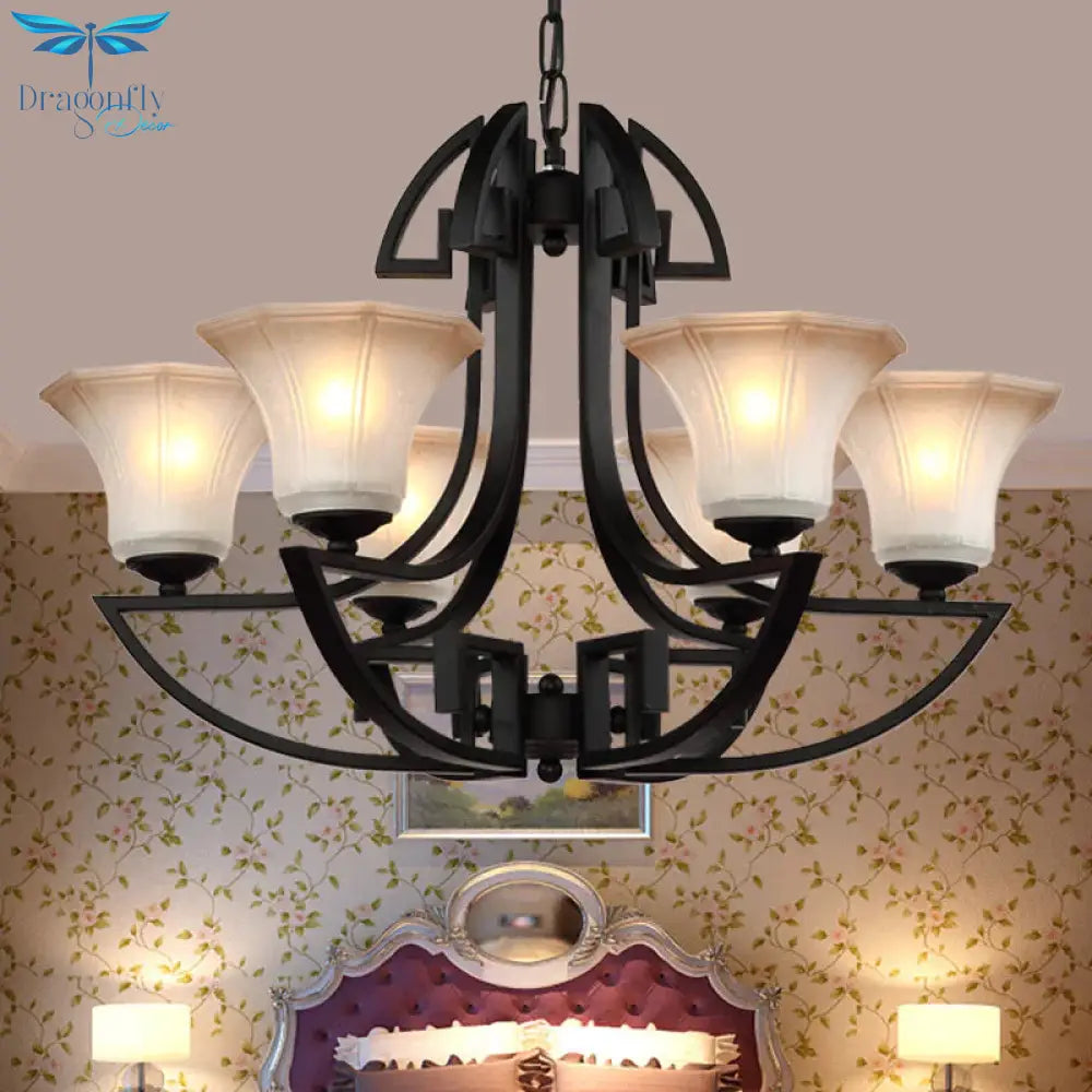 Black 3/6 Lights Pendant Chandelier Vintage Frosted Glass And Metal Flower Shape Hanging Light