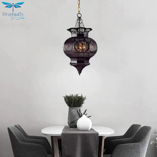 Black 3 - Head Chandelier Lighting Arab Metal Vase Ceiling Lamp With Hollow Pattern For Bedroom
