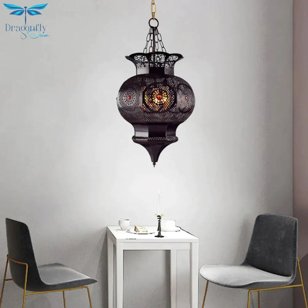 Black 3 - Head Chandelier Lighting Arab Metal Vase Ceiling Lamp With Hollow Pattern For Bedroom