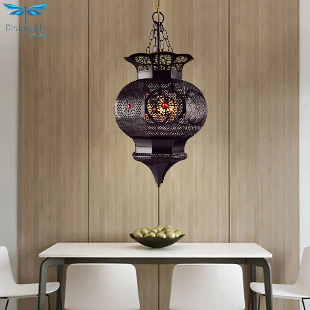 Black 3 - Head Chandelier Lighting Arab Metal Vase Ceiling Lamp With Hollow Pattern For Bedroom