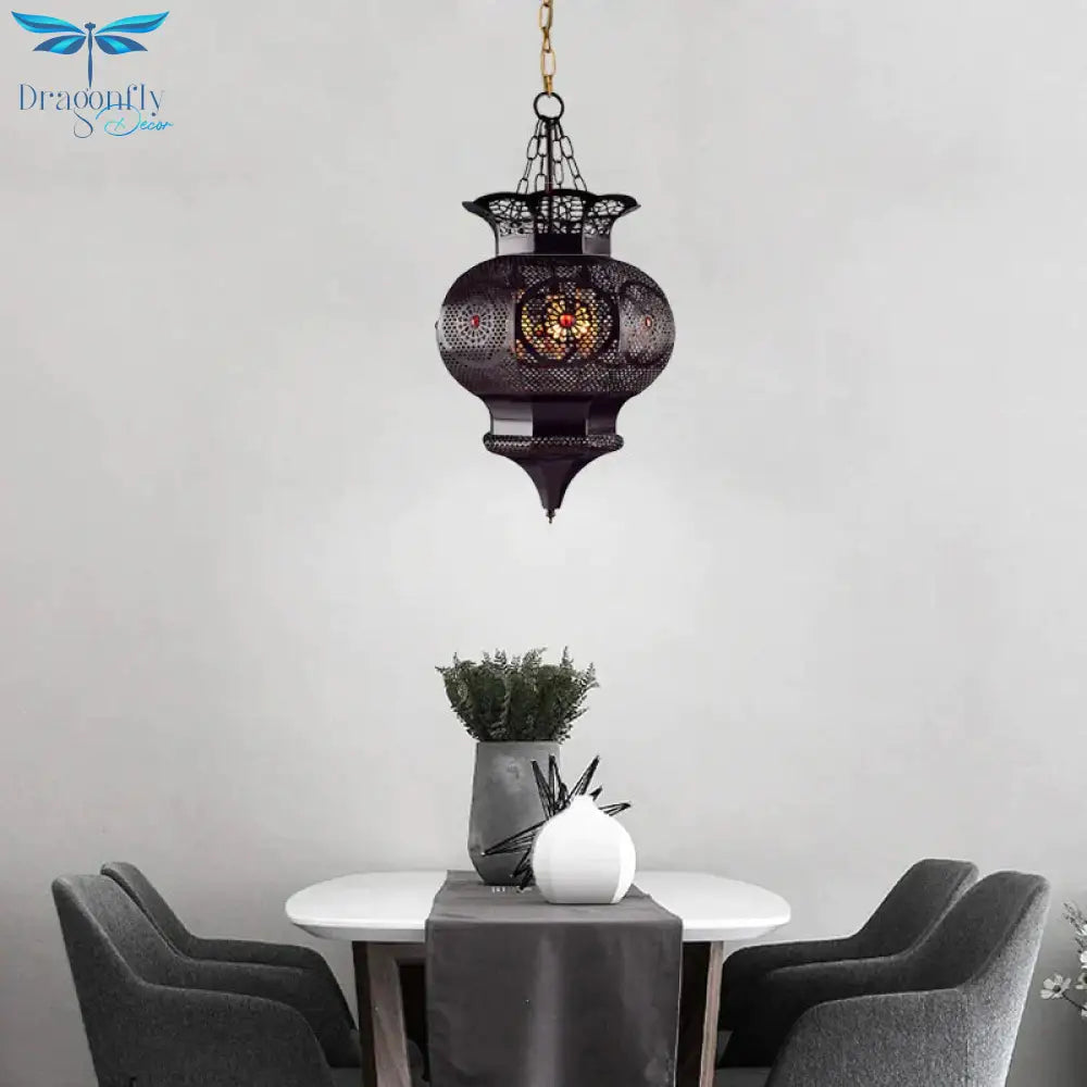 Black 3 - Head Chandelier Lighting Arab Metal Vase Ceiling Lamp With Hollow Pattern For Bedroom