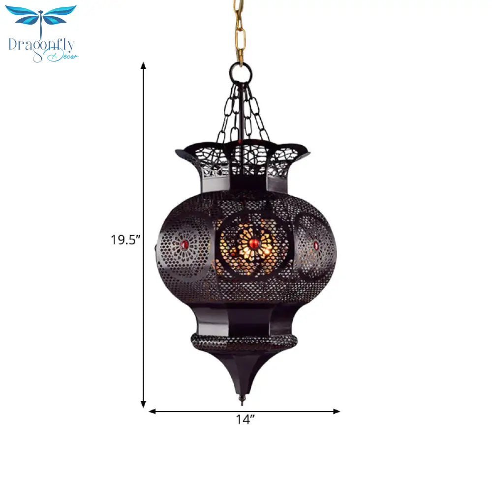 Black 3 - Head Chandelier Lighting Arab Metal Vase Ceiling Lamp With Hollow Pattern For Bedroom