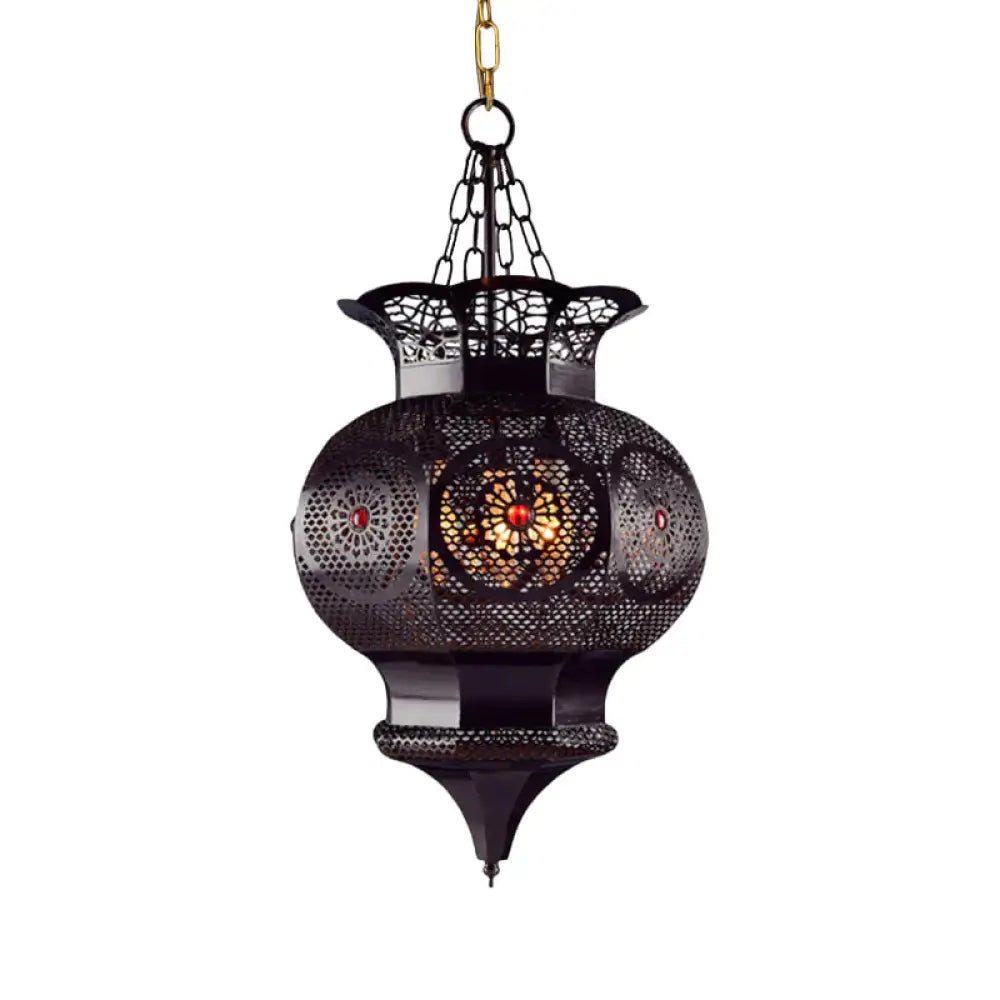 Black 3 - Head Chandelier Lighting Arab Metal Vase Ceiling Lamp With Hollow Pattern For Bedroom