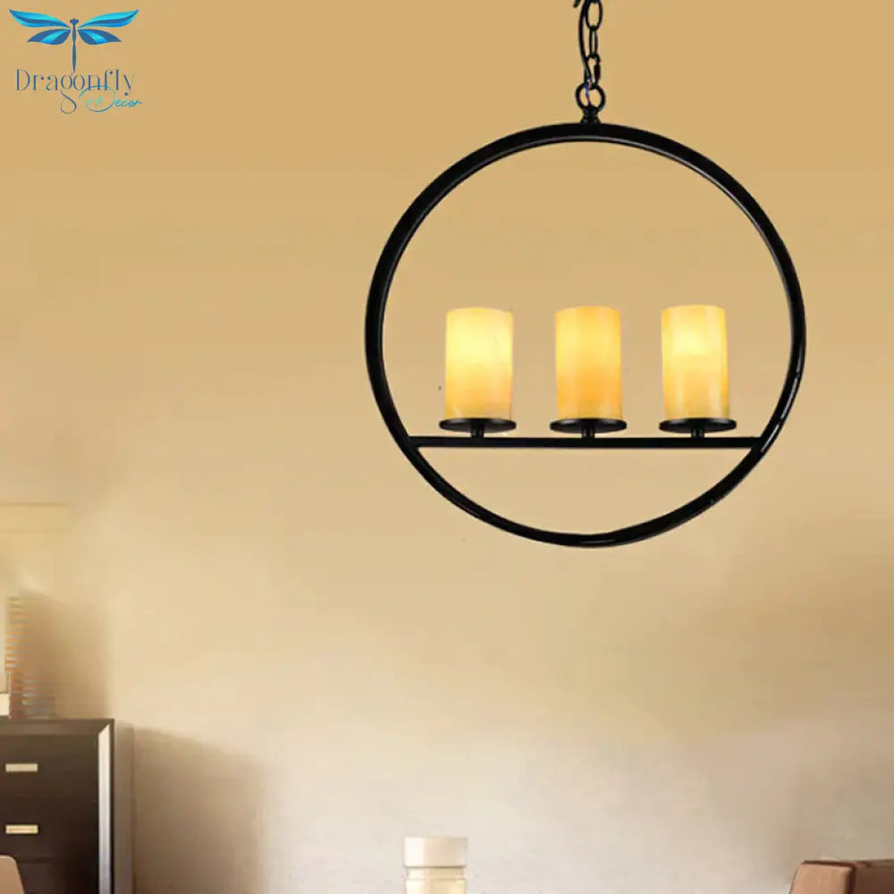 Black 3 Heads Suspension Light Vintage Metal Ring Chandelier Lamp Fixture With Cylinder Yellow