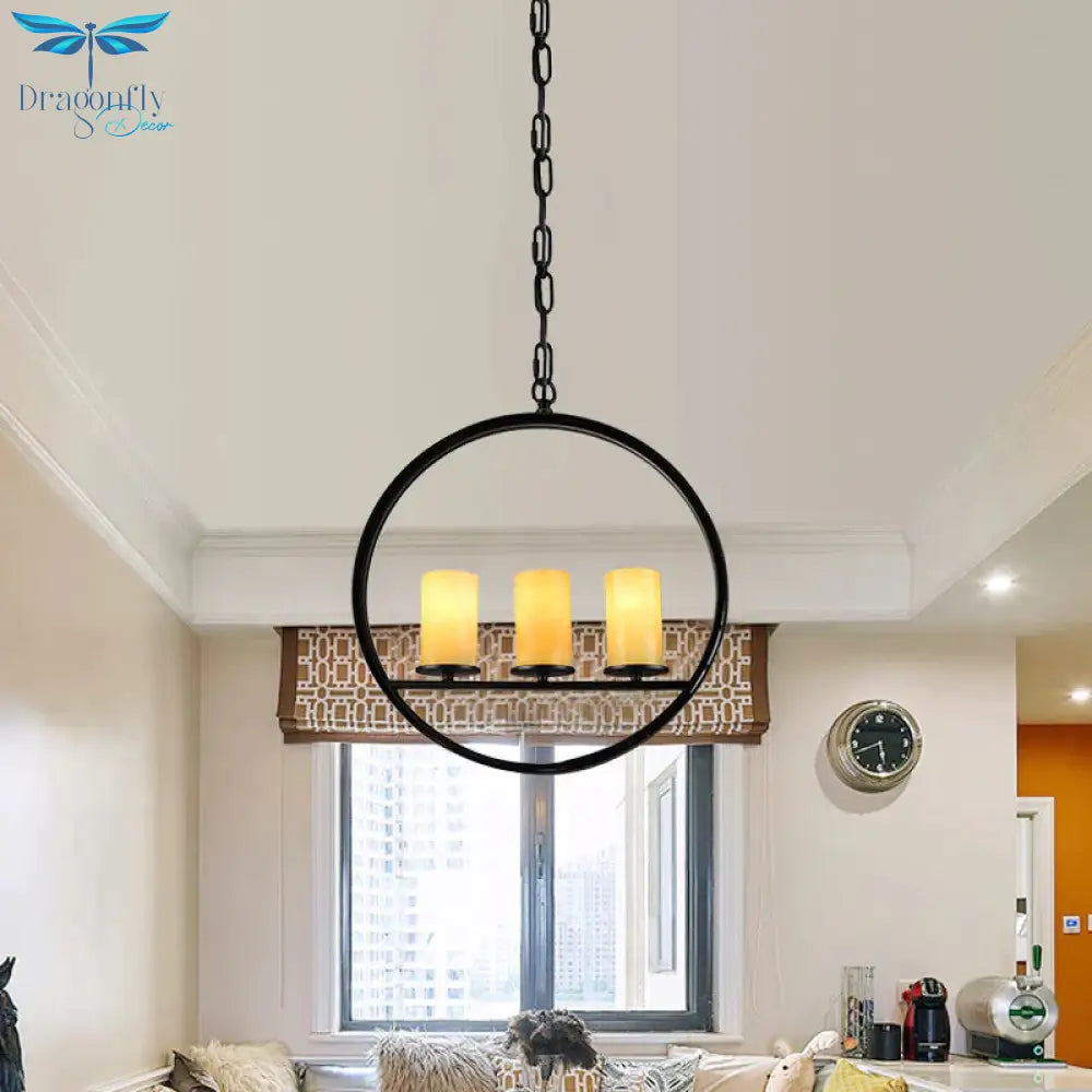 Black 3 Heads Suspension Light Vintage Metal Ring Chandelier Lamp Fixture With Cylinder Yellow