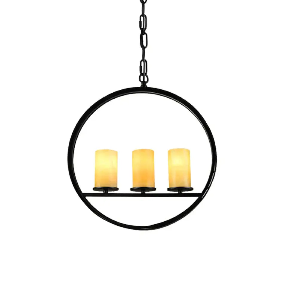 Black 3 Heads Suspension Light Vintage Metal Ring Chandelier Lamp Fixture With Cylinder Yellow