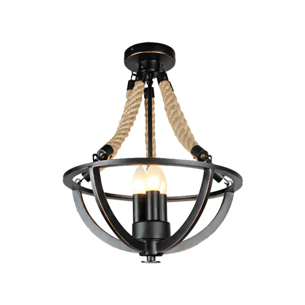 Black 3 - Light Pendant Chandelier Industrial Metal And Rope Candle Hanging Light For Living Room