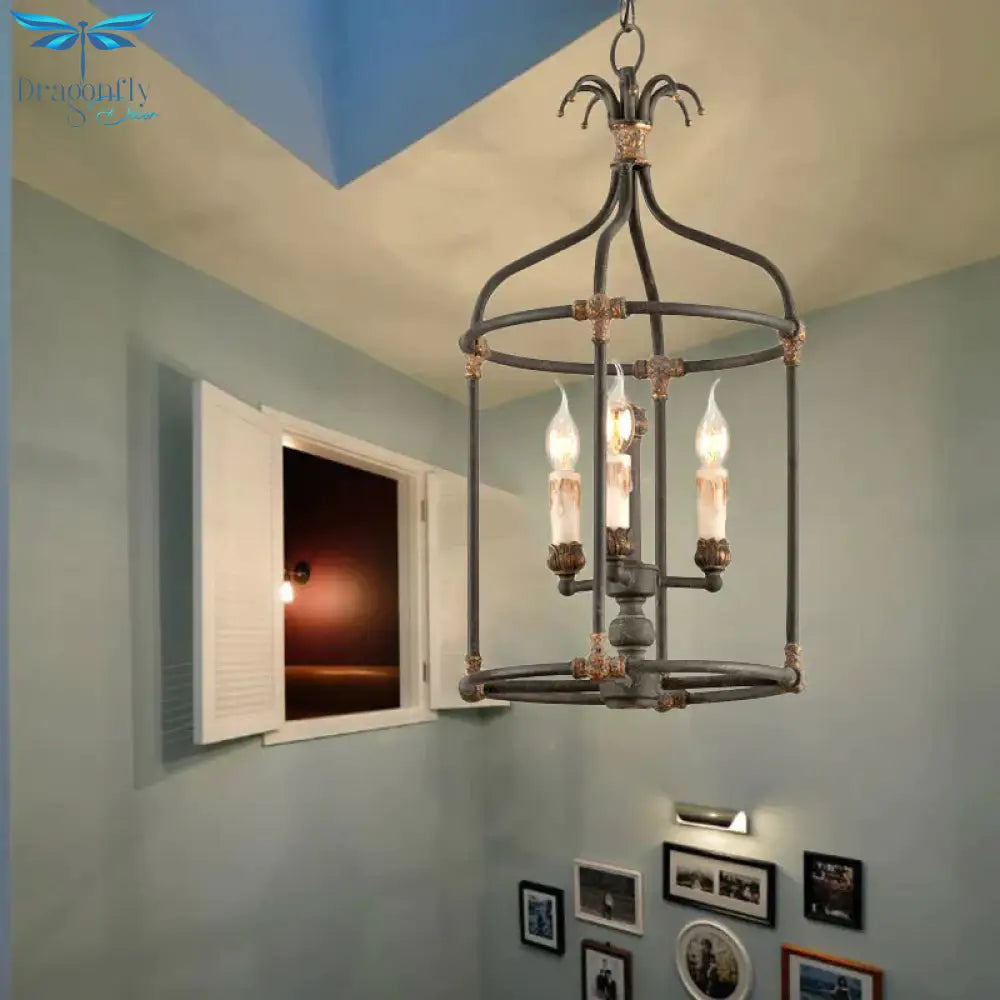 Black 3 Lights Chandelier Lighting Rustic Metal Bird Cage Pendant Lamp For Bedroom