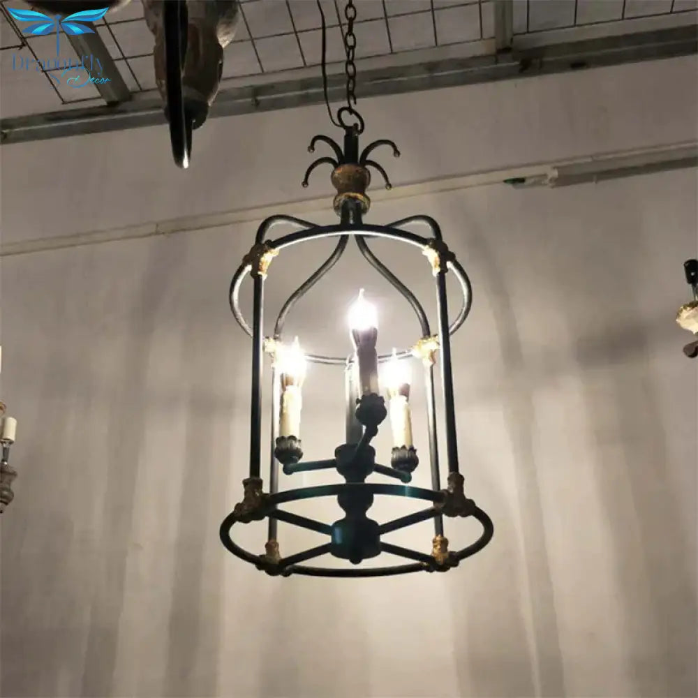 Black 3 Lights Chandelier Lighting Rustic Metal Bird Cage Pendant Lamp For Bedroom