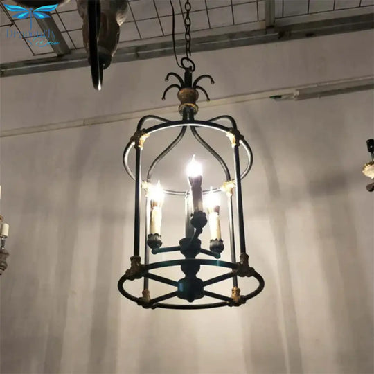 Black 3 Lights Chandelier Lighting Rustic Metal Bird Cage Pendant Lamp For Bedroom