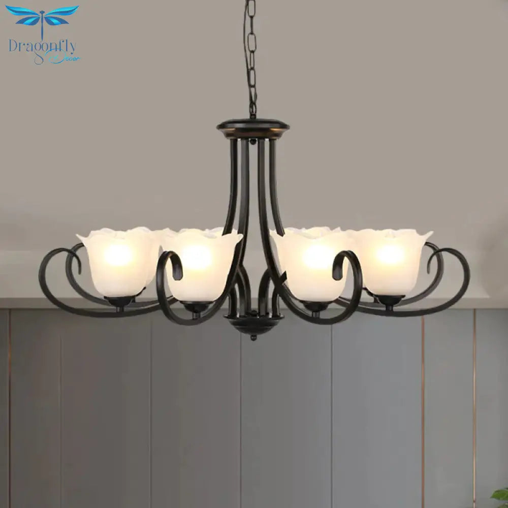 Black 4/6/8 - Bulb Ceiling Chandelier Warehouse Frosted Glass Flower Hanging Light Kit With Scroll