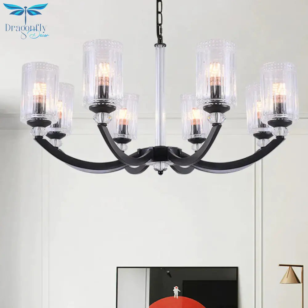 Black 5/6/8 Lights Chandelier Light Fixture Traditional Clear Textured Glass Cylinder Pendant Lamp