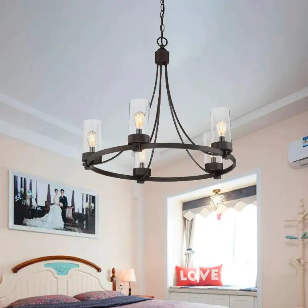 Black 5 Lights Pendant Chandelier Vintage Clear Glass Cylinder Hanging Ceiling Light Fixture