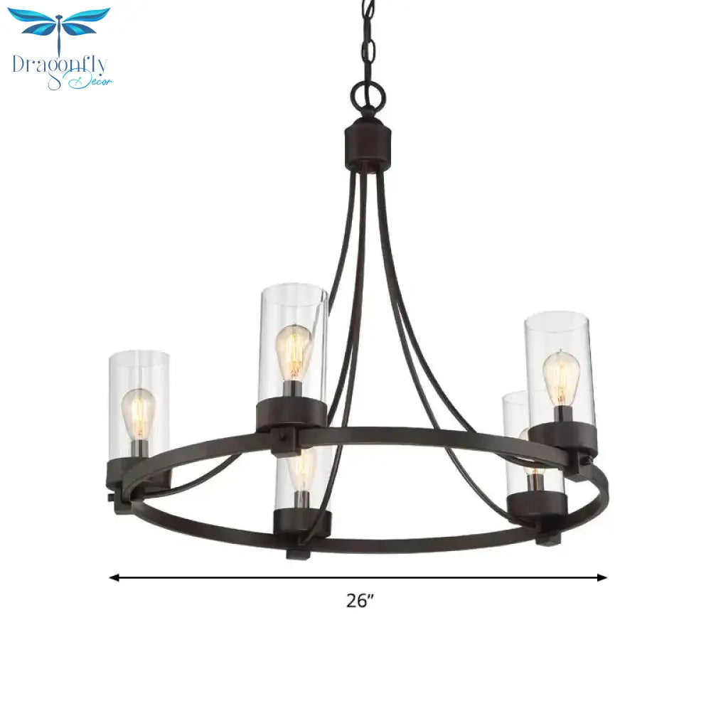 Black 5 Lights Pendant Chandelier Vintage Clear Glass Cylinder Hanging Ceiling Light Fixture