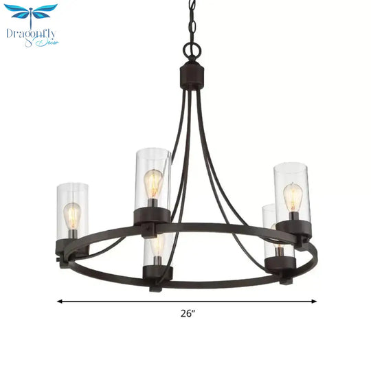 Black 5 Lights Pendant Chandelier Vintage Clear Glass Cylinder Hanging Ceiling Light Fixture
