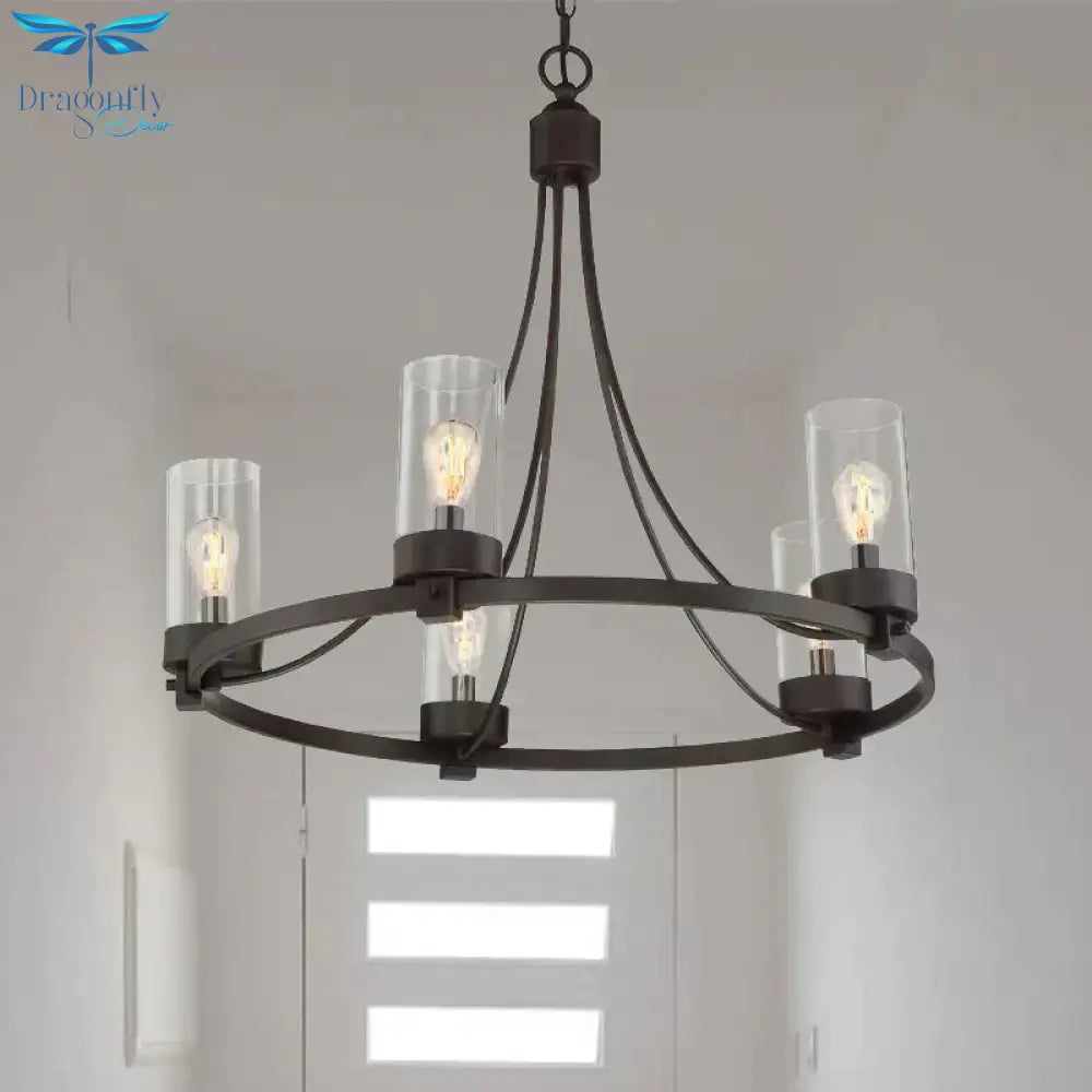 Black 5 Lights Pendant Chandelier Vintage Clear Glass Cylinder Hanging Ceiling Light Fixture