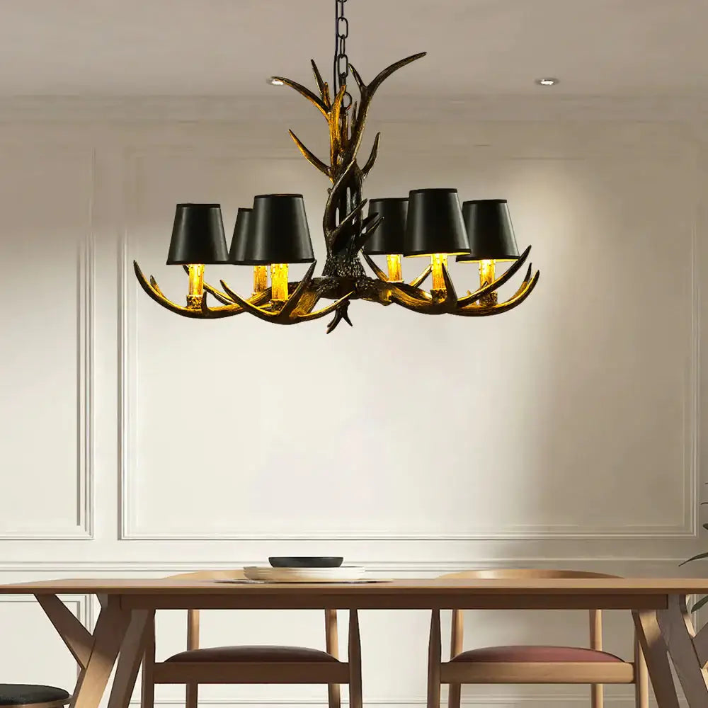 Black 6/8 Lights Chandelier Lighting Rustic Resin Cone Pendant Lamp With Antler For Living Room 6 /