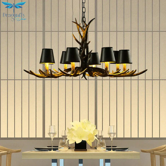 Black 6/8 Lights Chandelier Lighting Rustic Resin Cone Pendant Lamp With Antler For Living Room