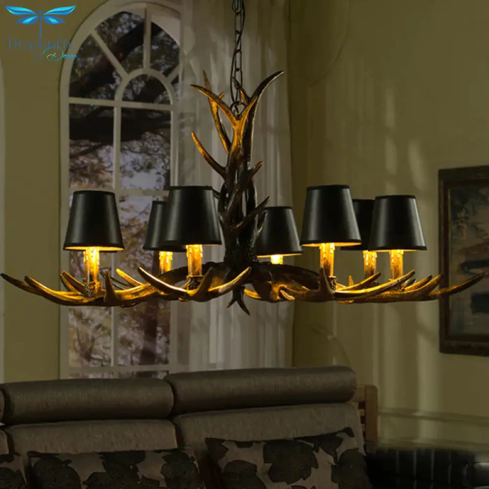 Black 6/8 Lights Chandelier Lighting Rustic Resin Cone Pendant Lamp With Antler For Living Room